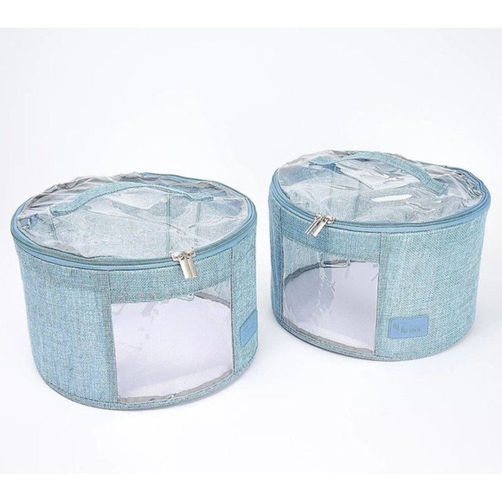 Periea Set of 2 Small Rounds Storage Container with Carrying Handles Blue Linen‎
